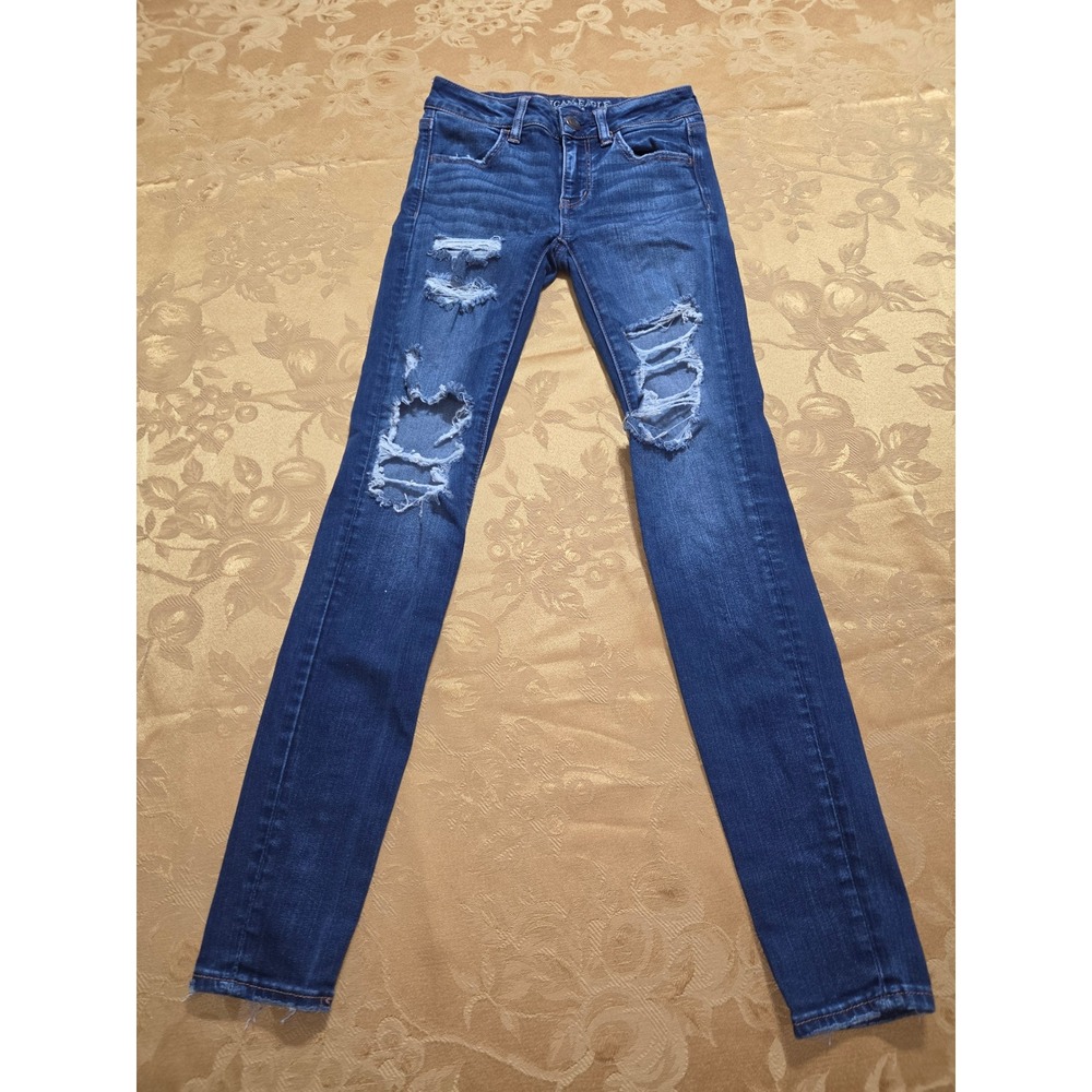 American Eagle 0 Super Stretch X Distressed Skinny Jeans Dark Wash‎ Blue Womens